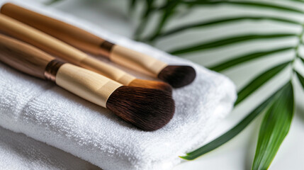 Wooden Makeup Brushes on White Towel with Green Leaf,green-inspired beauty scene, clean spa day aesthetic, wooden beauty brush layout, organic makeup brushes on fabric.