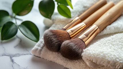 Wooden Makeup Brushes on White Towel with Green Leaf,green-inspired beauty scene, clean spa day aesthetic, wooden beauty brush layout, organic makeup brushes on fabric.