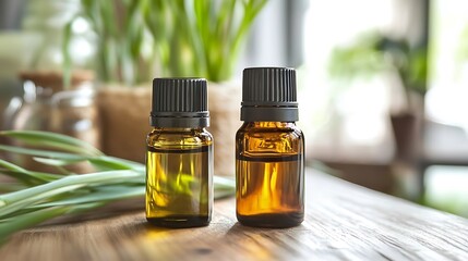 selective focus of lemongrass and essential oil on wood background