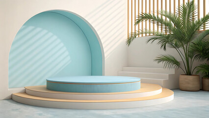 Obraz premium Serene Minimalist Product Display Platform Pastel Blue and Natural Wood Podium with Palm Tree Accents