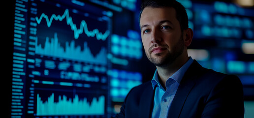 A businessman analyzes data on a futuristic digital screen