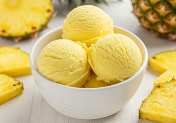Close-up of a white bowl filled with three scoops of pineapple ice cream, garnished with a pineapple slices. 