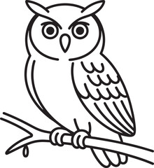 Black and white drawing of an owl perched on a branch bird tree