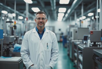 Fototapeta premium Pharma operator in a production line, ensuring quality and efficiency
