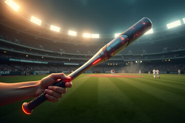 Futuristic Augmented Reality Baseball Bat Held in a Stadium Setting at Night for an Immersive Sports Experience