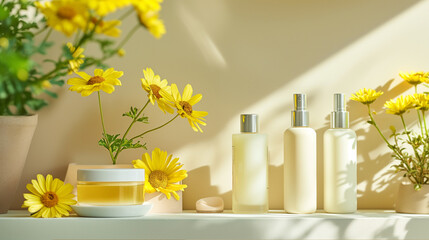 Yellow Flowers and Skincare Products on a Shelf ,wellness corner with flowers, warm tone skincare branding, self-care essentials with flowers.