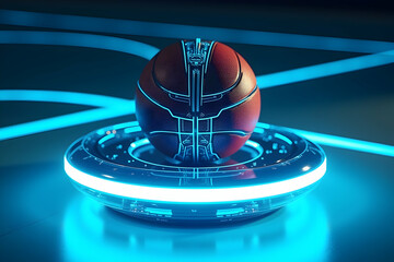 Futuristic basketball featuring glowing embedded tracking sensors resting on a luminous platform creating a dynamic visual impact