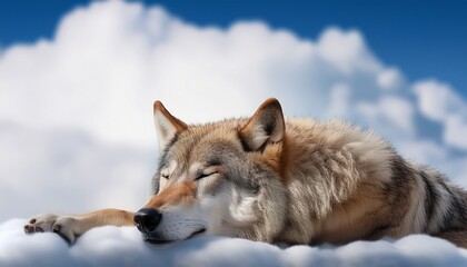 Fototapeta premium serene slumber a wolf rests peacefully atop a fluffy white cloudscape