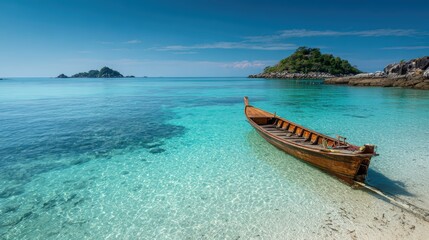 Obraz premium Serene Tropical Beach with Clear Blue Water and Traditional Wooden Boat Anchored on White Sand Shoreline