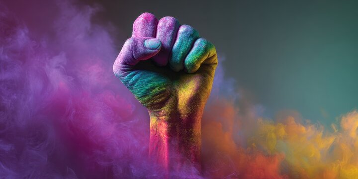 The vibrant fist emerging from colorful smoke representing strength and unity. - Powered by Adobe