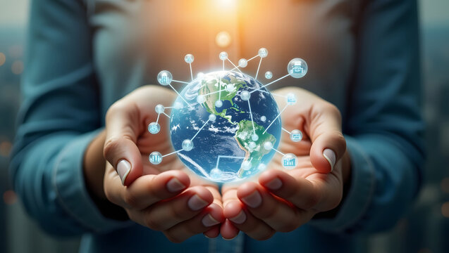 Hands holding the earth with a glowing network of digital connections and icons