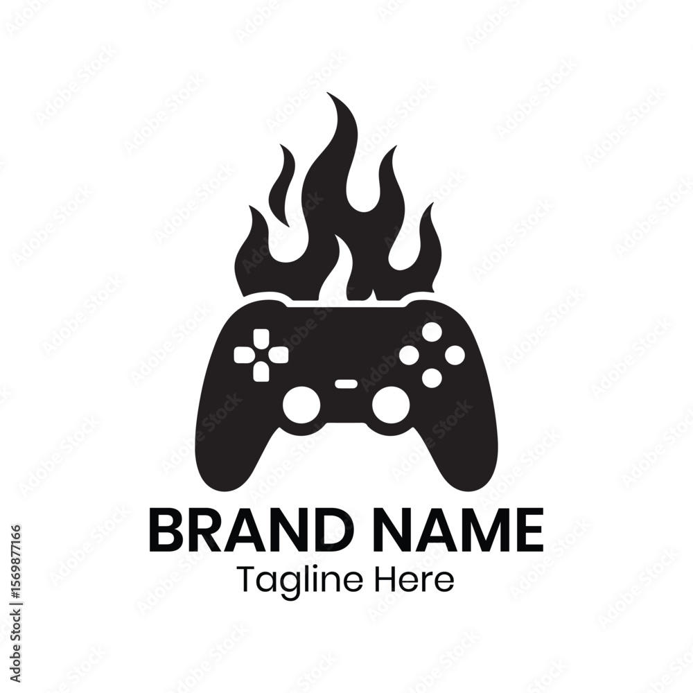 Fototapete a black and white logo featuring a game controller with flames and brand name and tagline text below