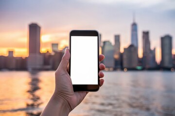 Smartphone Mockup. A hand holds a smartphone against a sunset skyline, with the cityscape reflected in the water below.