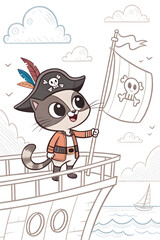 Adventurous pirate cat character happily waving a flag on a ship with ocean background
