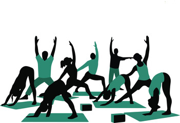 Fototapeta premium Group Yoga Class Silhouette – Fitness People Illustration with Green Highlight 