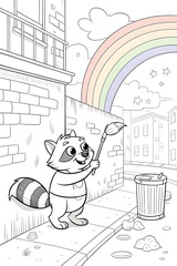 Joyful raccoon character playing with a stick under a rainbow in a colorful urban setting
