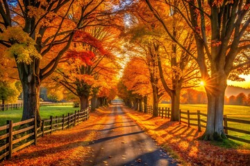 Fototapeta premium Autumnal Country Road: Golden Hour Sunlight Through Vibrant Fall Foliage, Rustic Fence