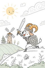 Cartoon sheep warrior smiling, holding sword, standing on hill with windmill in background, copy space
