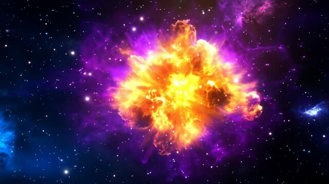 Cosmic Explosion in Nebula - A vibrant and dynamic video depicting a cosmic explosion within a nebula, showcasing a brilliant burst of orange and yellow energy surrounded by purple and blue gaseous