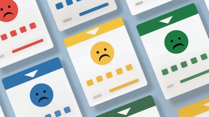 Cards with sad face emoticons in red, blue, yellow, and green, resembling feedback or rating forms with colored bars and text placeholders.