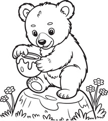 Cute bear holding honey pot on tree stump with flowers dripping