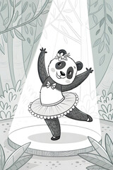 Cartoon panda ballerina performing, smiling in spotlight, surrounded by forest, copy space
