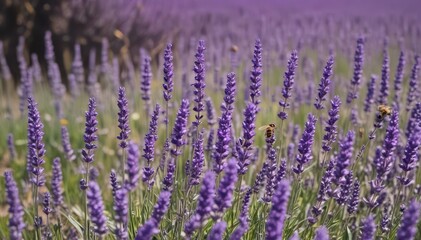 Naklejka premium Busy bees swarming vibrant purple lavender, beeswax accents , flowers, flora, light