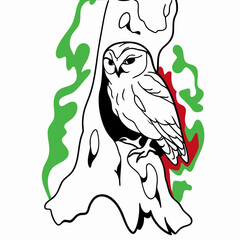 Line Art Owl Perched in Tree Hollow Illustration