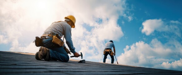 The skilled workers installing roofing under a bright blue sky with clouds.