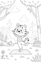 Cartoon tiger cub practicing yoga, smiling on mat in nature, surrounded by trees, copy space
