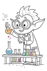 Cartoon scientist elf mixing potions, smiling in laboratory, holding flask, copy space
