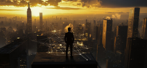 A man stands on a rooftop overlooking a networked city at sunset