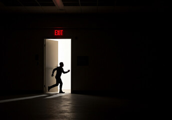 Silhouette of a man running through an exit door with a red exit sign in a dark room setting