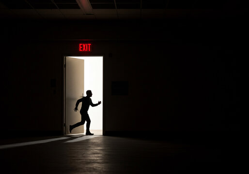 Silhouette of a man running through an exit door with a red exit sign in a dark room setting - Powered by Adobe