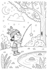 Cartoon child fishing for stars, smiling under the moonlight, beside a pond in nature, copy space
