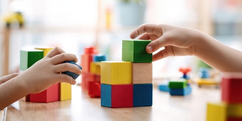 The joyful hands of children building with colorful toy blocks at playtime.