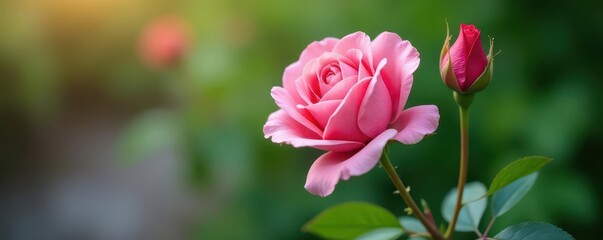 Delicate pink rose, single blooms, long stems, lush green foliage ,  sunlight,  rose bush,  bloom