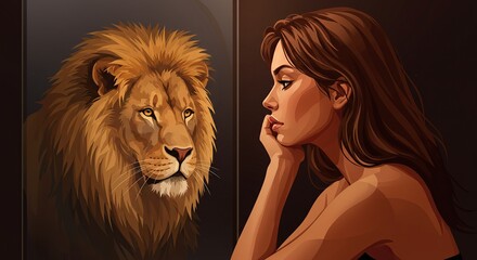 Woman Gazing at Her Lion Reflection in a Mirror - Powerful and conceptual illustration of inner strength, self-discovery, and embracing one's true nature.