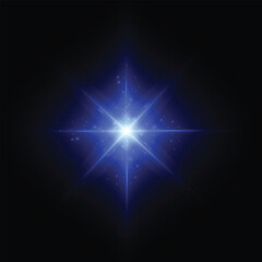 Bright blue light explosion with rays and halo. Glowing blue beam in the form of a flash with lens effect and glare on a black background.
