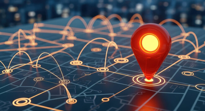 Glowing Red Location Pin on Digital Map Network with Data Connections