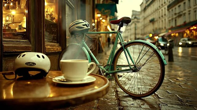 A serene caf&eacute; scene with a bicycle and steaming coffee on a rainy street in Paris