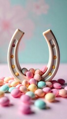 Pastel Candies Spill from Cracked Horseshoe, Dreamy Background - Sweet Treats, Good Fortune, Delightful Surprise