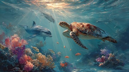 Graceful Sea Turtle and Dolphins Gliding Above Colorful Coral Reef Under Sunlit Waters