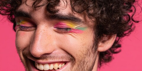 The vibrant portrait of a young man with colorful makeup on his eyes.