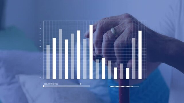 Senior man gripping cane as bar chart overlay updating upon slider moving showing business metrics
