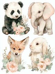 Whimsical Watercolor Quartet of Baby Panda, Elephant, Fox & Bunny with Floral Accents