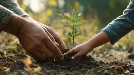 Planting a tree together community garden photography natural setting child's perspective environmental awareness