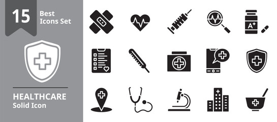Solid icon set representing healthcare and medical services including doctor, hospital building, syringe, medicine, insurance, and health app, ideal for digital health platforms, hospitals.