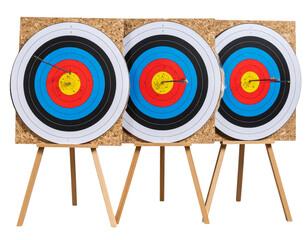 Set of Multiple Archery Targets with Bullseye Arrows from Front View – Transparent PNG.