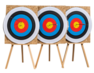 Set of Multiple Archery Targets with Bullseye Arrows from Front View – Transparent PNG.